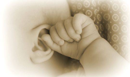 Eine Babyhand, die das Ohr eines Babys hält Eine Babyhand, die das Ohr eines Babys hält