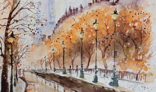 Ein Aquarell einer StraÃe mit Bäumen und Gebäuden Ein Aquarell einer StraÃe mit Bäumen und Gebäuden