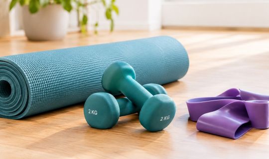 Ein Paar Hanteln neben einer Yogamatte