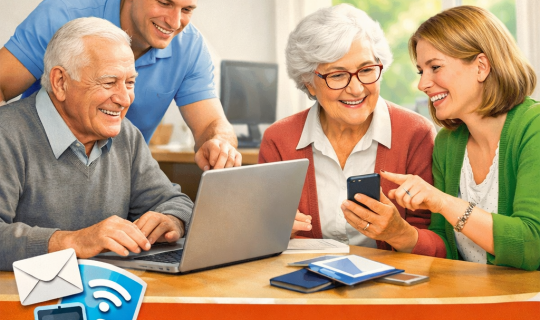 Eine Gruppe von Menschen, die auf einen Laptop schauen Eine Gruppe von Menschen, die auf einen Laptop schauen