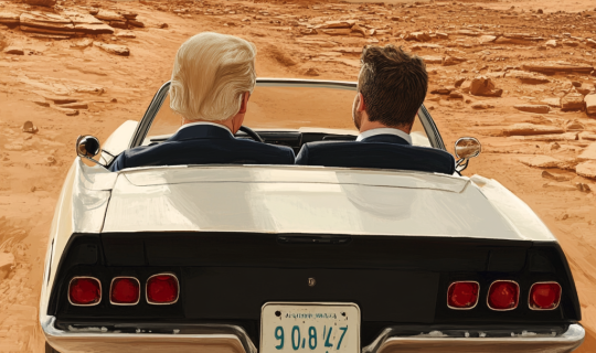 Maschek 2025_Poolbar_Maschek_EXIT_Midjourney_2 men are driving in a car on the surface of the planet Mars.png