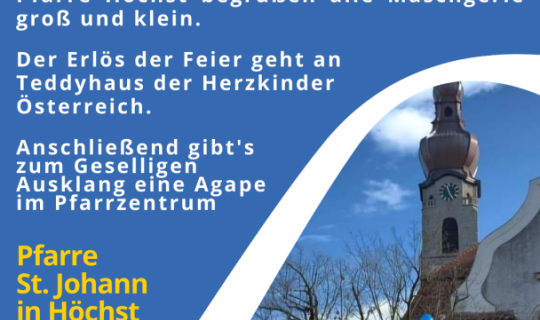 Ein blau-weiÃes Plakat mit einem GebÃ¤ude und Luftballons