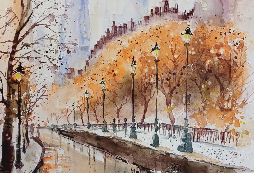 Ein Aquarell einer StraÃe mit Bäumen und Gebäuden Ein Aquarell einer StraÃe mit Bäumen und Gebäuden