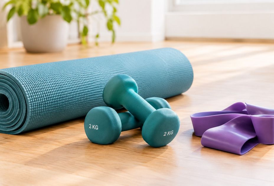 Ein Paar Hanteln neben einer Yogamatte