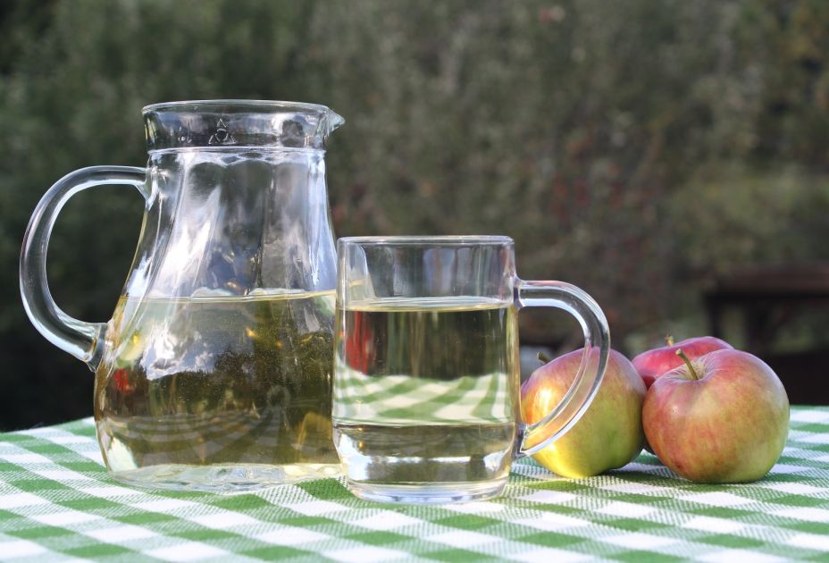 Ein Glas FlÃ¼ssigkeit neben einem Krug Apfelsaft