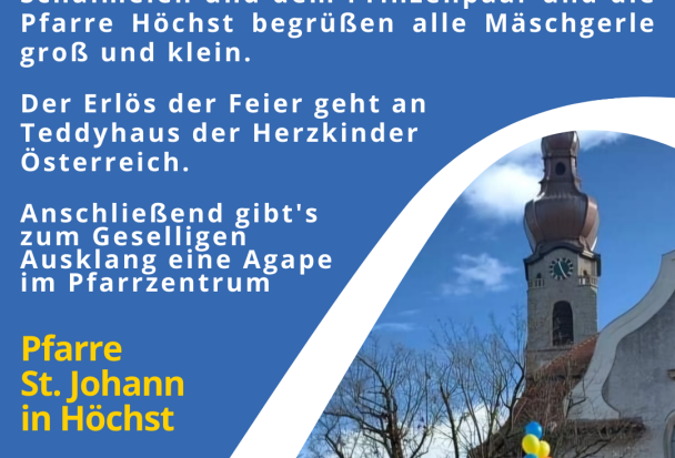 Ein blau-weiÃes Plakat mit einem GebÃ¤ude und Luftballons
