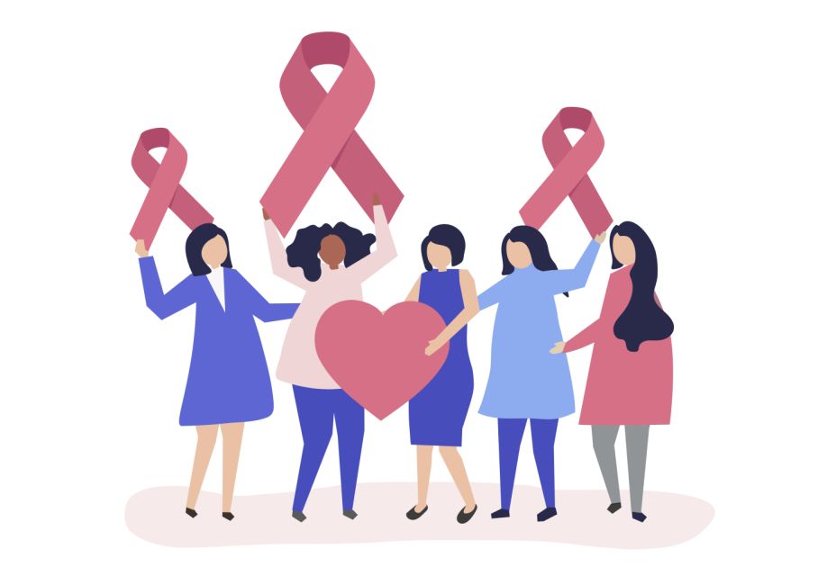 Eine Gruppe von Menschen die rosa Schleifen hochhalten