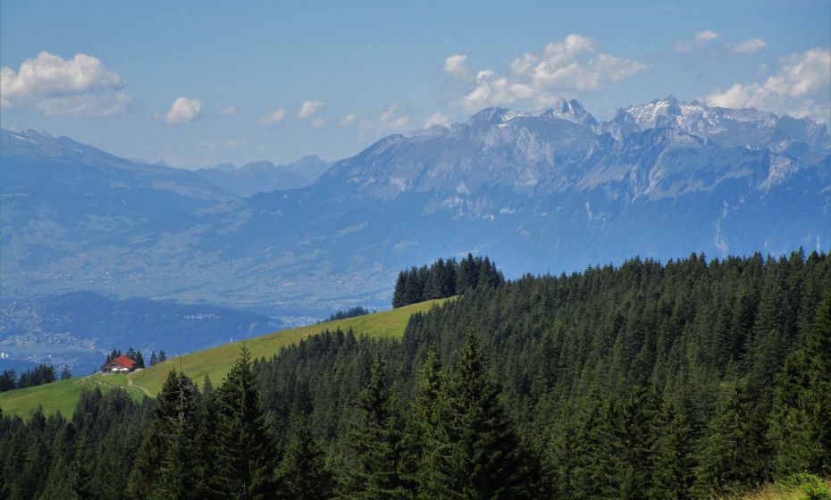 Blick über die Tschuggenalpe zum Alpstein in der Schweiz Blick über die Tschuggenalpe zum Alpstein in der Schweiz