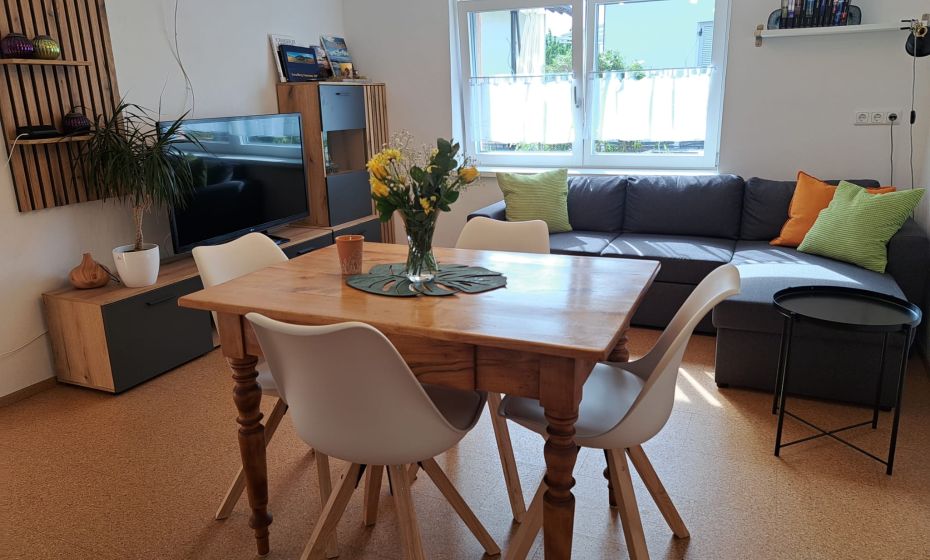 Haus MaPe_HÃ¶rbranz_Wohnzimmer mit auszieharer Couch und mit regionlem Lesestoff