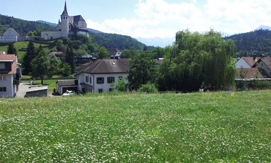 herrlicher Blick vom St. Peter BÃ¼hel auf die Anlage der Basilika und den Ort